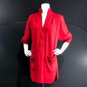 VALENTINO NEIMAN MARCUS red wool tunic top / oversized patch pockets zip front
